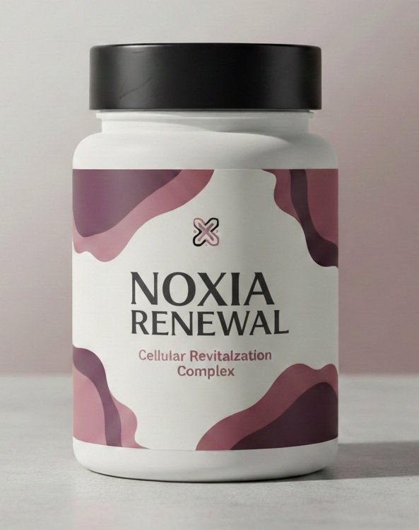 NOXIA RENEWAL product bottle on a retro gradient background